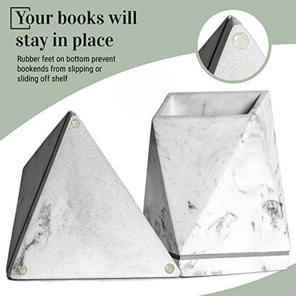 Marble Style Bookends - Decorative, Heavy Duty Book Holder for Shelves, Non Skid, Unique Design (White)