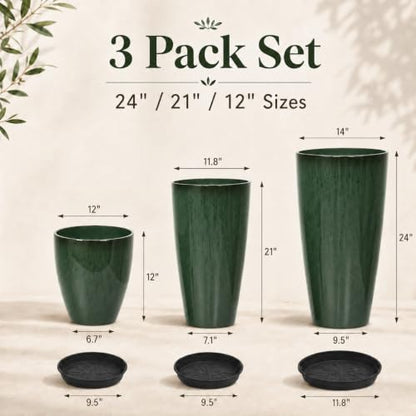 Neoaider Set of 3 Tall Planter, 24/21/12in Large Plastic Planter, DarkGreen | Ceramic-Look, Lightweight, Built-in Drain Hole, Saucers, Tall Outdoor Planter for Porch, Garden, Patio, Balcony - color: Dark Green