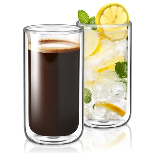 Joeyan Glass Double Walled Beer Drinking Glasses, Insulated Thermo Glass Tumbler Without Hole, Thickened Water Cocktail Highball Glass Cups, Smoothie Tea Coffee Glassware, 12oz, 2Pack, Dishwasher Safe - color: 360ml-Clear without hole