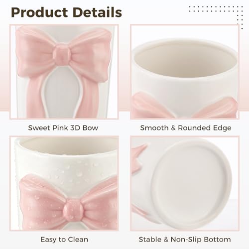 Pink Bow Ceramic Organizer 3.9x6.5in, Multi-Purpose Kitchen Utensil Holder | Charming 3D bow ornament, versatile storage for cookware, makeup brushes, stationery and mini flower bouquets