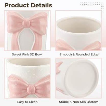 Pink Bow Ceramic Organizer 3.9x6.5in, Multi-Purpose Kitchen Utensil Holder | Charming 3D bow ornament, versatile storage for cookware, makeup brushes, stationery and mini flower bouquets