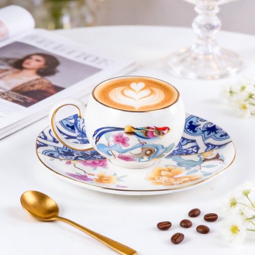 KAMMAK Tea Cups and Saucers Set of 2, Fine Bone China Coffee Cups, GH015 | Stackable Espresso Mugs, Ceramic Demitasse for Coffee, Cappuccino, Latte, Americano, Tea - size: 8KPGH015