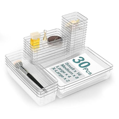 30Pcs Clear Plastic Drawer Organizers Set, 4size makeup drawer organizer trays for vanity,desk,bathroom,office,nightstand,gadgets for kitchen drawer, Versatile drawer divider storage bins - size: 30 Pcs