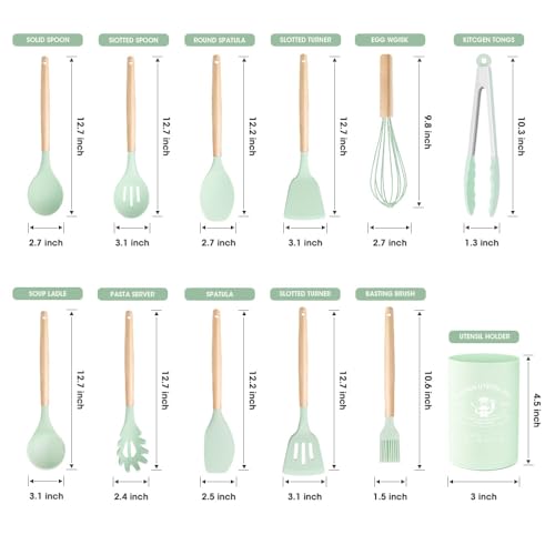 Kitchen Utensils Set Silicone Kitchen Utensils Set with Wooden Handle Utensils for Cooking Heat Resistant Silicone Non-Stick Cookware BPA FREE (Green) - color: Green