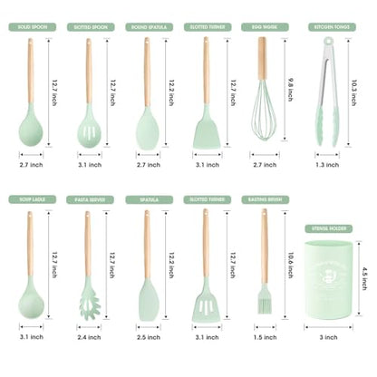 Kitchen Utensils Set Silicone Kitchen Utensils Set with Wooden Handle Utensils for Cooking Heat Resistant Silicone Non-Stick Cookware BPA FREE (Green) - color: Green