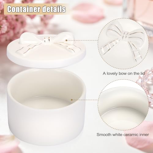 ELLDOO Body Powder Puff and Container, Wedding Bridal Shower Gifts(White) | Ceramic Loose Dusting Powder Storage Box with 2pcs Powder Puffs for Baby Women, Jewelry Trinket Box with Bow Lid - color: White