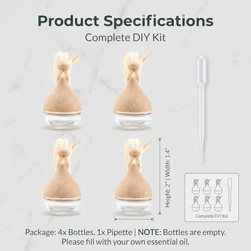4PCS Refillable Hanging Car Diffuser Empty Glass Bottle Set | Glass vials with wood lids & hanging rope, custom essential oil pendant for car home office - size: Reed Stick - 4PCS