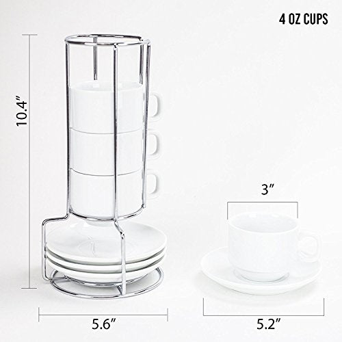 Huji Stack-able Porcelain 4 Ounces Espresso Turkish Coffee Cups and Saucer with Chrome Rack (1)