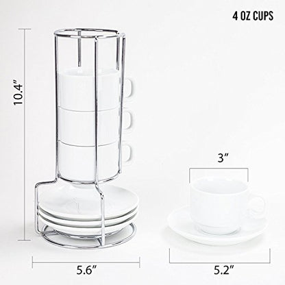 Huji Stack-able Porcelain 4 Ounces Espresso Turkish Coffee Cups and Saucer with Chrome Rack (1)