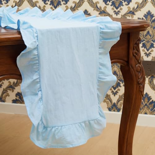 HunnmingRe Blue Ruffled Table Runner 72 inch Scalloped Table Runner Cotton Flounces Washable Shabby Farmhouse Rustic Home Kitchen Decoration for Wedding Rectangle Bride Shower Christmas Party - color: Blue, size: 14 x 72 Inch