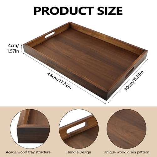 Acacia Wood Serving Tray with Handles, 17"x12" Large Rectangular Decorative Wooden Tray, Coffee Table Tray for Breakfast, Drinks, Snacks in Bed, Decorative Wooden Tray for Home