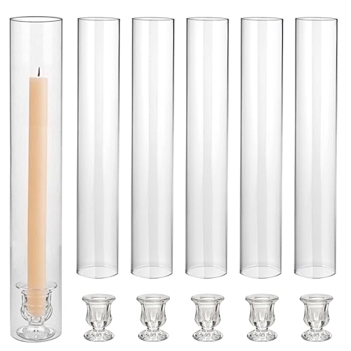 CHILL RECIPE Hurricane Glass Candle Holders-Set of 6 Tall Taper Candle Holder with 14” Tall Clear Cylinder Covers for Wedding Table Centerpiece Home Decor (Floral Base+Clear Chimney) - color: Floral, size: 14Inch (6Pcs)