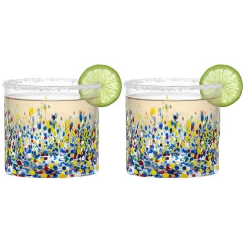 Large Confetti DOF Glasses – Set of 2-11oz Luxury Hand Blown Confetti Whiskey, Margarita, Martini, Cocktails, Water, Wine, Dessert & Champagne Glasses Cinco de Mayo, Hand Blown - Mexican Water Glass - style: Mexican Confetti Water Glass