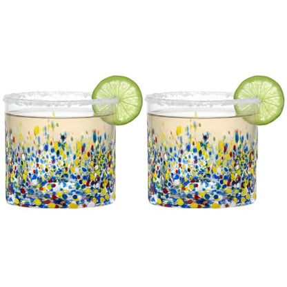 Large Confetti DOF Glasses – Set of 2-11oz Luxury Hand Blown Confetti Whiskey, Margarita, Martini, Cocktails, Water, Wine, Dessert & Champagne Glasses Cinco de Mayo, Hand Blown - Mexican Water Glass - style: Mexican Confetti Water Glass