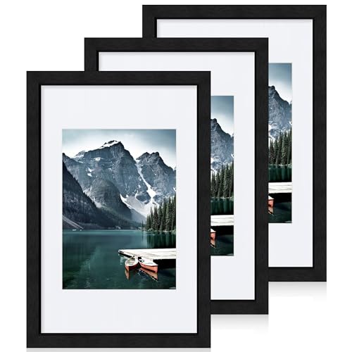 Hongkee 8x12 Black Picture Frames set of 3, Made of Wooden and Glass Photo frame - Displays 6x8 Picture with Mat or 8 x 12 Poster without Mat, Desktop & Wall Collage Frame set - color: Black, size: 8x12 in