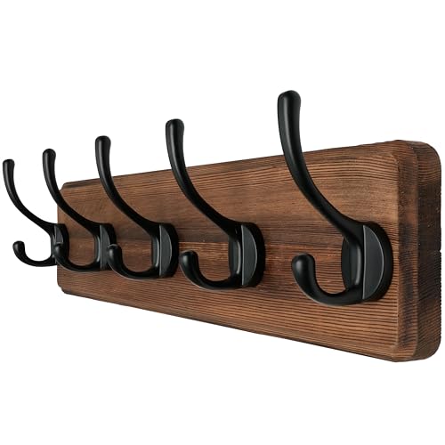 Wall Mounted Coat Rack: Patented, Heavy-Duty, 17.4" Long 5-Double-Hooks Wooden Hanger Rail for Winter Coats, Hat, Jacket, Clothing - Natural & Black - color: Natural & Black, size: L=17.4" (1pcs)