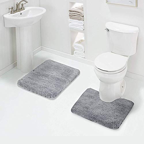 Walensee Shaggy 2 Piece Bath Rug Sets (Grey) 20 x 24 Non Slip, U Shape Contour Rug & 20 x 32, Machine Wash/Dry Plush Absorbent Bath Mats for Bathroom - color: Grey