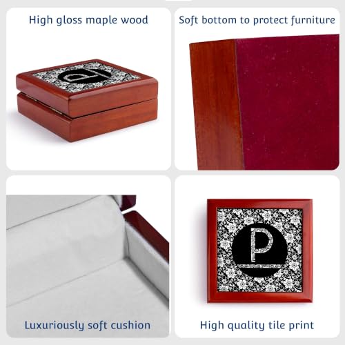 3dRose Pretty Black and White Floral Monogram Letter P Jewelry Box 7 x 7 inch with 4 inch tile
