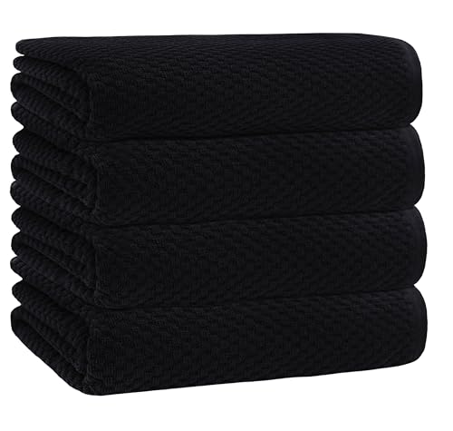 COTTON CRAFT Euro Spa Waffle Weave Bath Towels - Set of 4 Black Towels | Pure 100% Ringspun Cotton Oversized Luxurious Towel Set - Soft Plush Super Absorbent Low Lint Quick Dry - 30 x 56 inches - color: Black, size: 4 Pack Bath Towel