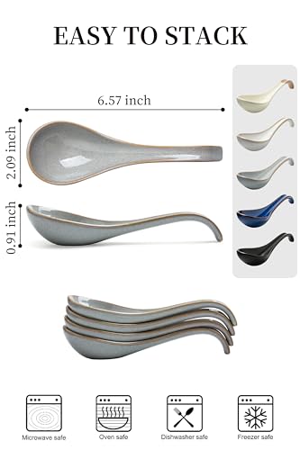 LYEOBOH Ceramic Asian Soup Spoons Set of 6, Ramen Spoons with Long Handle | Japanese Ramen Spoons with Deep Hook Design for Miso Rice, Chinese Soup Spoons for Kitchen, Dishwasher Microwave Safe, Gray - color: Gray