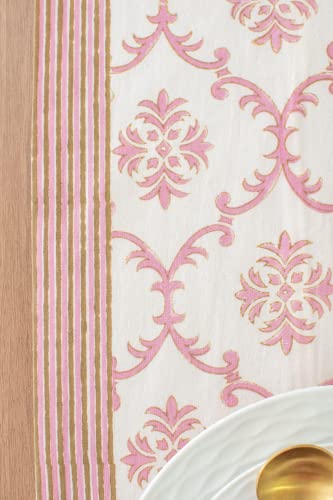 Pink Table Runners for Long Tables ( 100% Cotton, Damask Hand Block Print, 14x120 inch, Pack of 1) Fabric Lined | No Fray Edges | for Home, Kitchen, Dining Room, Holiday, Wedding Party Décor
