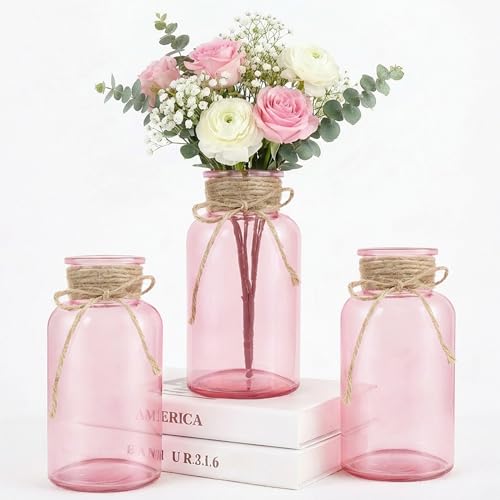 3 Pack Mason Jar Vases for Centerpieces, Pink Glass Flower Vase | Vintage Farmhouse Rustic Decorative Jars for Wedding Party Baby Shower Table Decor, Wide Mouth Mason Jars with Twine Bulk - color: Pink