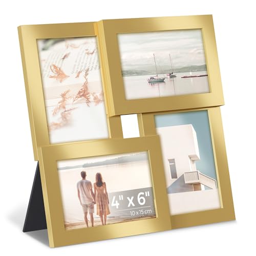SONGMICS Picture Frames Collage Wall Decor, No Assembly Required | 4 Frames for 4 x 6 Photos, MDF Frame with Glass Front, 11.8 x 11.8 x 0.9 in, Rustic White, KAVI Collection URPF025A01 - color: Pale Gold, size: 4 Pack