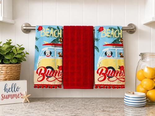Beach Bum Kitchen Hand Towels, 100% Cotton, Coastal Dog Surfing Design with Red Pom Pom Fringe, 3 Piece Set - color: Beach Dogs
