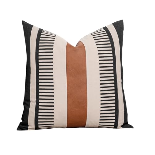 18x18 Inch Pillow Cover - Brown Faux Leather & Black White Striped Cotton Splicing, Same Pattern Both Sides | for Couch Sofa Bed, Farmhouse Industrial Decor - color: Black and Beige, size: 18" x 18" (Pack of 1)