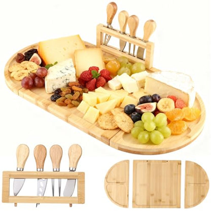 Wood Cheese Board Set, Charcuterie Platter Tray with 4 Pcs Knives, Detachable Serving Board with Strong Attachment, Wooden Appetizer Serving Tray for Parties, Gatherings, 22.8 x 11.5 in