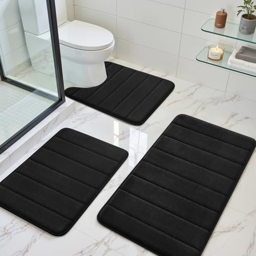 BYSURE Black Memory Foam Bathroom Rug Set 17"x24"+20"x32"+U20 x24 | Non Slip Extra Soft Absorbent Machine Washable Toilet Bath Toilet Mat for Shower - color: Black, size: 17"x24"+20"x32"+U Shape 20"x24"