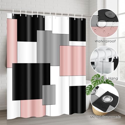 Bathroom Sets with Shower Curtain and Rugs, 4 Pcs, Geometric Pink | Checkered Modern Abstract Bathroom Decor Set with Toilet Lid Cover, Non-Slip Bath Mats and 12 Hooks - color: Abstract Geometric Pink