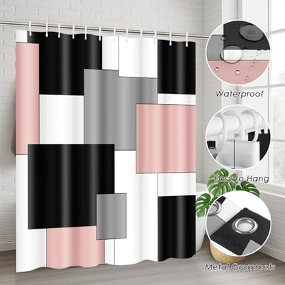 Bathroom Sets with Shower Curtain and Rugs, 4 Pcs, Geometric Pink | Checkered Modern Abstract Bathroom Decor Set with Toilet Lid Cover, Non-Slip Bath Mats and 12 Hooks - color: Abstract Geometric Pink