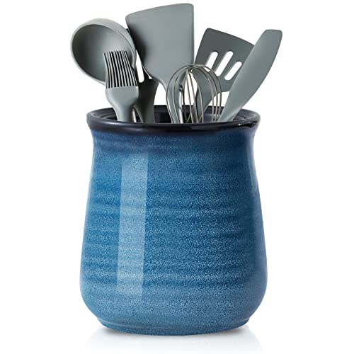 HASENSE Extra Large Ceramic Utensil Holder Crock for Kitchen Counter, 7.1” x 5.9” Vintage Farmhouse Blue Caddy, Rustic Kitchen Utensil Organizer for Spatulas, Spoons & Cooking Tools - color: Blue