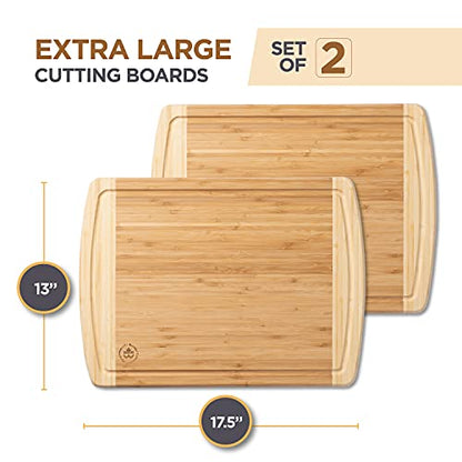 Bamboo Cutting Boards for Kitchen Set of 2 - Large Bamboo Cutting Board 18 x 13 Inch, Non Toxic Wooden Cutting Board with Juice Groove + Handle, Reversible Butcher Block Chopping Boards by Bambusi - size: 2-Piece (Two-Tone)