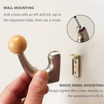 wall-Mounted Light Luxury Coat Hooks, Used for Hanging Coats, Hats, Scarves and Towels, Suitable for Entrance Halls, bathrooms and bedrooms (2, 7110Nickel Brushed Finish + Beech Wood) - color: 7110Nickel brushed finish + beech wood