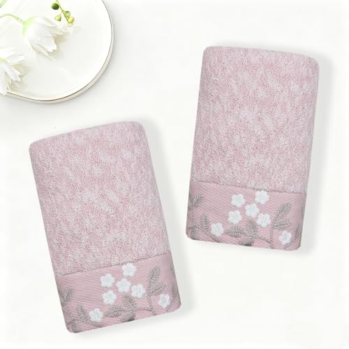 Pink Embroidered Floral Hand Towels Set of 2 Pure Cotton Decorative Bathroom Towels Super Soft & Absorbent Flower Pattern Towels for Shower Spa Beach Daily Use, 13x27 Inch - color: Pink Emdroidered Floral
