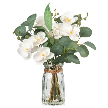 White Orchids Artificial Flowers with Vase Fake Flowers in Vase Artificial Eucalyptus Stems in Glass Vases with Faux Water Faux Orchid with Eucalyptus Leaves Arrangement for Dining Table Centerpiece - color: White & Clear Vase
