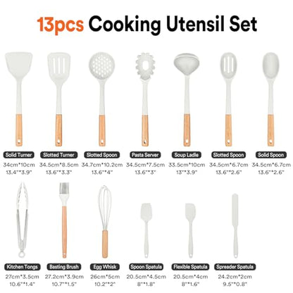 Kitchen Utensils Set, 13PCS Silicone Cooking Utensils, Heat Resistant Kitchen Utensil Spatula Set for Nonstick Cookware, Wooden Handles Kitchen Gadgets Tools Set - color: White