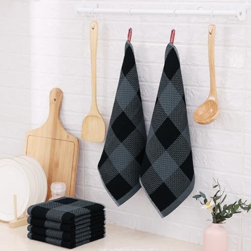 Homaxy 100% Cotton Check 6 Pack Dish Cloths, 12" x 12", Black & Grey | Waffle Weave, Plaid, Super Soft and Absorbent Dish Rags, Quick Drying, Multi-Purpose - color: Black & Grey, size: 12 x 12 - 6 Pack