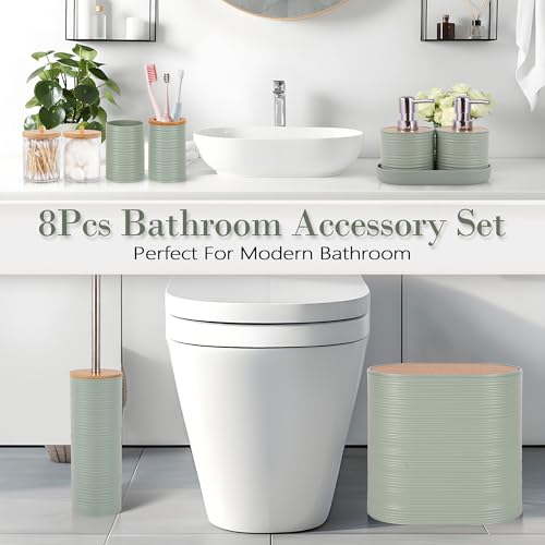 10 PCS Green Bathroom Accessories Set with Trash Can Bathroom Accessory | All-in-One Kit with Trash Can,Toothbrush Holder,Soap Dispenser,Toothbrush Cup,Vanity Tray,Soap Dish,Toilet Brush etc for Home - color: Lightgreen