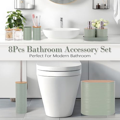 10 PCS Green Bathroom Accessories Set with Trash Can Bathroom Accessory | All-in-One Kit with Trash Can,Toothbrush Holder,Soap Dispenser,Toothbrush Cup,Vanity Tray,Soap Dish,Toilet Brush etc for Home - color: Lightgreen