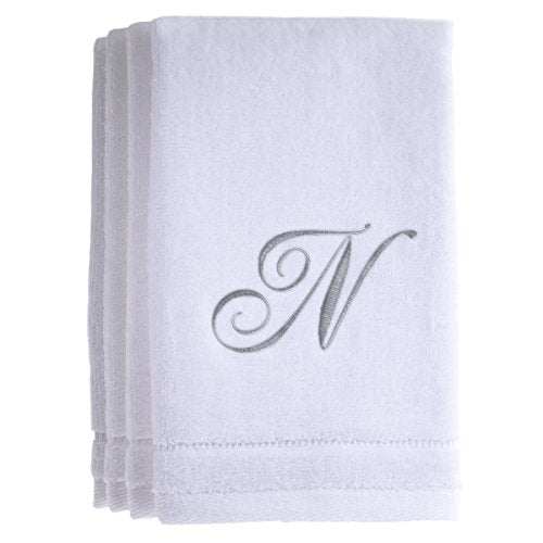 Monogrammed Towels Fingertip, Personalized Gift, 11 x 18 Inches - Set of 4- Silver Embroidered Towel - Extra Absorbent 100% Cotton- Soft Velour Finish - For Bathroom/ Kitchen/ Spa- Initial N (White) - color: N