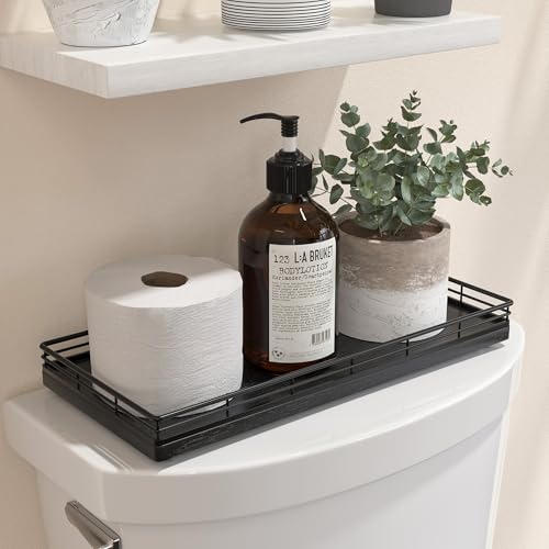 Oak Bathroom Toilet Tank Tray, 13" Wood Toilet Paper Storage Basket Back of Toilet Basket Organizer, Vanity Tray for Perfume Makeup Candle Kitchen Counter Coffee Table Black Tray Decor - color: Black, size: 13" x 6.5" x 1.5"