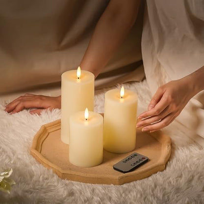 Stmarry Ivory Flameless Candles with Remote and Timer, Real Wax Made LED Pillar Candles Battery Operated with 3D Flickering Flame - 3" x 4",5",6" - Set of 3 - color: Ivory
