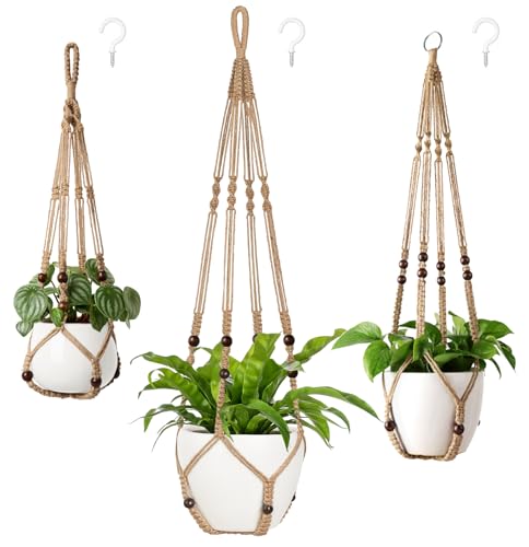 Mkono 3 Pack Macrame Plant Hangers Hanging Planters for Indoor Plants Brown | 3 Sizes 43"/35"/29" Hanging Plant Holder Basket with Beads, Boho Home Decor for Patio Balcony Living Room, Pots Not Included - color: Brown, size: Large