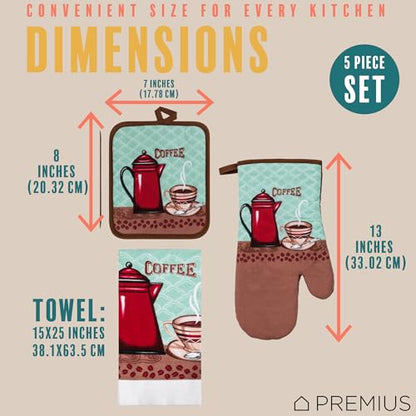 5 Piece Coffee Cup Printed Kitchen Linen Set, 2 Cotton Towels, 2 Potholders, 1 Oven Mitt with Hanging Loop, 100% Cotton Material on Front & Polyester Backing, Perfect Kitchen Accessory - color: Coffee Cup