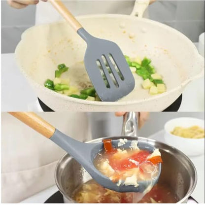 Premium Silicone Kitchen Utensil Set – 7-Piece Cooking Tools with Acacia Wood Handles and Bamboo Holder, Non-Stick, Heat Resistant, BPA-Free, Elegant Kitchen Gift (Grey -7pcs) - color: Gray
