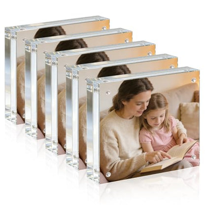Acrylic Frame, 5x5 Picture Frame 5 Pack, 20MM Thicker Block, Double Sided Magnetic Clear Freestanding Photo Frame for Desk or Tabletop Display - size: 5x5" 5pack
