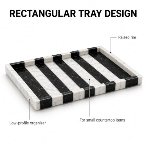 Black White Marble Vanity Tray, Rectangular Organizer | Rectangular tray, black white marble pattern varies, for perfume jewelry, props not included - color: Black White Rectangular